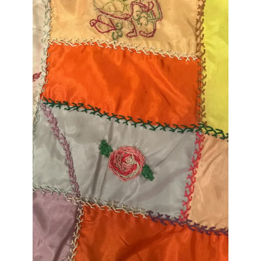 VINTAGE MIDCENTURY MODERN HANDMADE SATIN CRAZY QUILT THROW